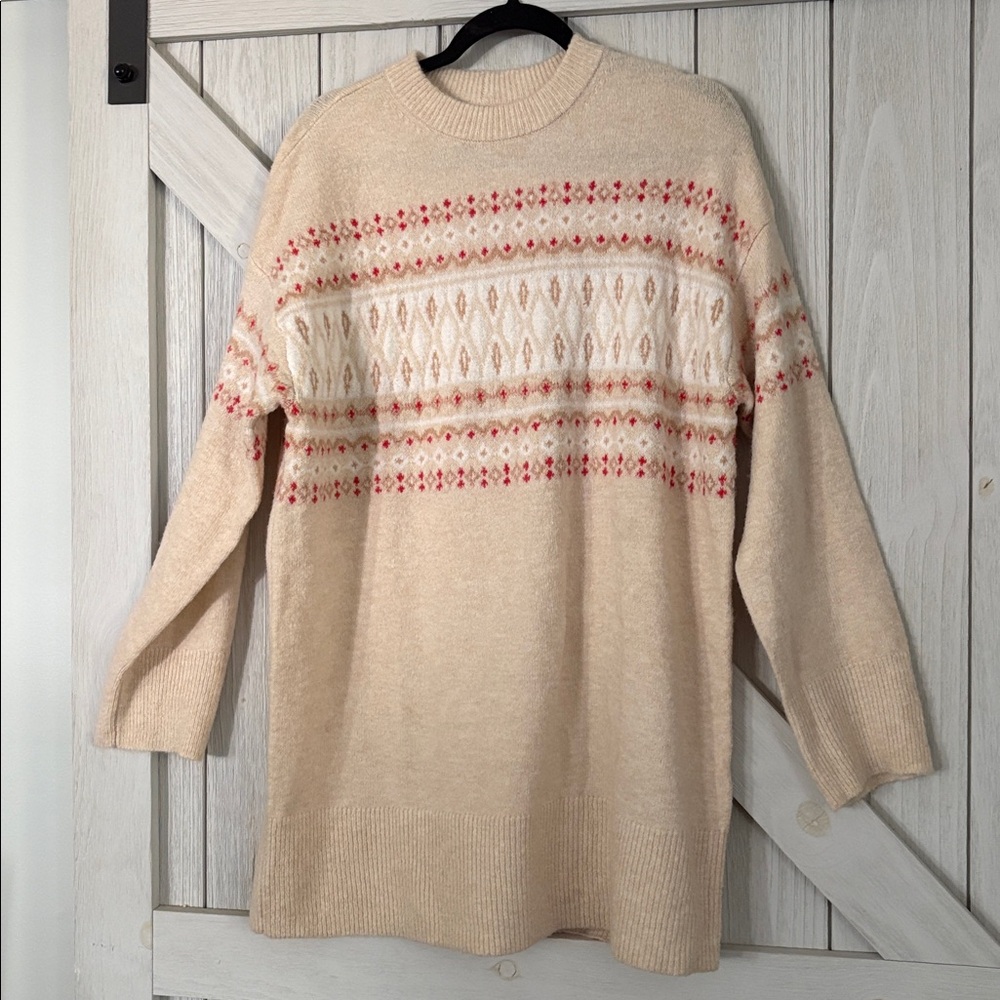 AE CREWNECK HOLIDAY RED BEIGE SWEATER DRESS - Picture 3 of 7